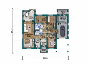 Проект квадратного одноэтажного дома с гаражом и верандой - LK-379